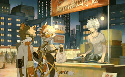  aak_(arknights) absurd_res animal_humanoid anthro arknights beverage beverage_can black_body black_fur black_hair building city clothed clothing dress eyewear felid female feral fingers fish food_stand fully_clothed fur glasses group hair hi_res holding_bag holding_beverage holding_knife holding_object humanoid hypergryph jacket jacket_around_waist jaye_(arknights) knife male mammal maotawin marine multicolored_body multicolored_fur night open_mouth orange_body outside pantherine plastic_bag queue shopping_bag short_hair smile studio_montagne sunglasses tiger topwear traffic_cone trio_focus urban waaifu_(arknights) white_body white_fur 