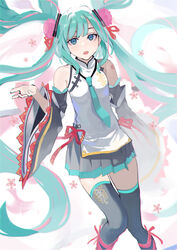  black_sleeves blue_eyes blue_hair blue_necktie chromatic_aberration commentary detached_sleeves female flower grey_skirt grey_thighhighs hair_flower hair_ornament hair_ribbon hatsune_miku hatsune_miku_expo higasizora-kai highres leg_ribbon long_hair long_sleeves looking_at_viewer lucky_orb_(vocaloid) miniskirt multicolored_hair necktie open_mouth pink_flower pink_hair pleated_skirt red_ribbon ribbon shirt skirt sleeveless sleeveless_shirt solo standing thighhighs twintails two-tone_hair very_long_hair vocaloid white_shirt wide_sleeves zettai_ryouiki 