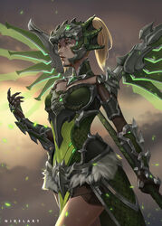  armor artist_name blonde_hair breasts cloud cloudy_sky commentary cowboy_shot dragoon dragoon_mercy embers english_commentary eyeshadow female gauntlets glowing green_armor green_eyes green_eyeshadow helm helmet high_ponytail highres holding holding_staff light_particles looking_away makeup medium_hair mercy_(overwatch) nibelart nose official_alternate_costume overwatch overwatch_1 pauldrons photoshop_(medium) realistic scale_armor shoulder_armor signature sky small_breasts smoke solo staff 