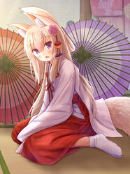  animal_ear_fluff animal_ears blonde_hair blush commentary_request female flower folded_ponytail fox_ears fox_girl fox_tail full_body hair_between_eyes hair_flower hair_ornament hakama hakama_skirt highres iroha_(iroha_matsurika) japanese_clothes kimono koyoi_(iroha_(iroha_matsurika)) long_hair long_sleeves looking_at_viewer miko no_shoes oil-paper_umbrella on_floor open_mouth original pink_flower purple_eyes purple_umbrella red_hakama red_umbrella sitting skirt sleeves_past_fingers sleeves_past_wrists socks solo tabi tail tatami umbrella very_long_hair wariza white_kimono white_socks 