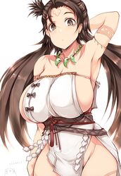  arm_behind_head arm_up armpits bare_shoulders body_markings breasts brown_eyes brown_hair closed_mouth dress facial_mark fate/grand_order fate_(series) female forehead forehead_mark groin highres himiko_(fate) himiko_(first_ascension)_(fate) huge_breasts jewelry long_hair looking_at_viewer magatama magatama_necklace necklace no_bra no_panties revision sash side_slit sideboob simple_background solo topknot tsukasawa_takamatsu twintails white_background white_dress 