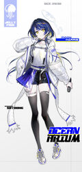  absurdres arm_at_side artist_name black_choker black_shorts black_thighhighs blonde_hair blue_hair blue_nails blue_skirt chest_belt choker closed_mouth colored_inner_hair commentary dark_blue_hair female full_body grey_footwear half-skirt hand_up highres holding holding_microphone hood hood_down hooded_jacket jacket long_hair long_sleeves looking_at_viewer microphone multicolored_hair open_clothes open_jacket original pleated_skirt pocket pouch shirt shoes shorts skirt sleeves_past_wrists solo soyoong_jun swept_bangs thigh_pouch thigh_strap thighhighs two-sided_fabric two-sided_jacket unzipped white_background white_jacket white_shirt yellow_eyes zipper zipper_pull_tab 