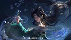  absurdres blue_dress blue_eyes brown_hair bug butterfly circlet closed_mouth douluo_dalu dress energy female floating_hair from_side hagoromo hair_ornament highres index_finger_raised long_hair long_sleeves mou_xiong233 ning_rongrong_(douluo_dalu) shawl solo watermark 