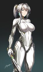  blue_eyes bodysuit breasts excalibur_(warframe) excalibur_prime_(warframe) female genderswap_(mtf) gold_trim hand_on_own_hip highres holding holding_sword holding_weapon humanization large_breasts looking_at_viewer medium_hair melee_weapon_(warframe) orokin_(warframe) ponytail power_suit prime_warframe rule_63 signature skin_tight solo sword warframe weapon white_hair zxpfer 