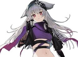  animal_ears arknights beanie black_jacket cropped_jacket ears_through_headwear female floating_hair fox_ears fox_girl fox_tail from_below frostleaf_(arknights) frostleaf_(breaking_the_ice)_(arknights) grey_hair hair_between_eyes hand_on_headphones hat headphones jacket layered_sleeves light_particles long_hair looking_at_viewer mare_funo midriff official_alternate_costume parted_lips red_eyes simple_background solo tail upper_body white_background 