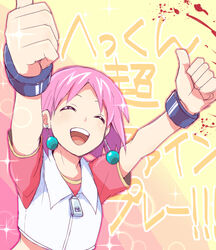  0aoiurn0 beauty_(bobobo-bo_bo-bobo) blue_eyes bobobo-bo_bo-bobo crop_top earrings female jewelry midriff open_mouth pink_hair short_hair short_sleeves smile solo teeth thumbs_up upper_teeth_only 