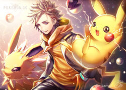  1boy artist_name bad_id bad_pixiv_id blonde_hair commentary electricity gloves grey_eyes jolteon kamui_natsuki looking_to_the_side male_focus open_clothes orange_gloves parted_lips pikachu poke_ball poke_ball_(basic) pokemon pokemon_(creature) pokemon_go signature spark_(pokemon) spiked_hair 