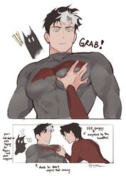  2boys animification bara batman_(series) black_hair black_shirt brothers dc_comics english_text grabbing green_eyes highres jason_todd large_pectorals male_focus meme multicolored_hair multiple_boys muscular muscular_male pectoral_grab pectorals red_shirt shirt short_hair sibi2028_pectoral_grab_(meme) siblings tim_drake twitter_username two-tone_hair tyt_tham upper_body white_hair yaoi 