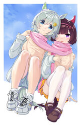  2girls absurdres animal_ears bird blue_eyes blue_shorts blush breasts brown_footwear brown_hair chinese_commentary closed_mouth cloud commentary ear_covers grey_hair hair_ornament hairband hairclip highres horse_ears horse_girl horse_tail jacket knees_up looking_at_viewer miniskirt multiple_girls nishino_flower_(umamusume) open_mouth purple_eyes scarf seiun_sky_(umamusume) shared_clothes shared_scarf shirt shoes short_hair shorts sitting skirt small_breasts smile sneakers socks solarisyuri! tail thighhighs umamusume white_footwear white_jacket white_socks white_thighhighs x_hair_ornament yellow_shirt yellow_skirt yuri 