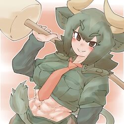  abs animal_ears arm_at_side aurochs_(kemono_friends) bad_id bad_pixiv_id brown_eyes brown_hair camouflage camouflage_shirt cow_ears cow_girl cow_horns cow_tail cropped_shirt dutch_angle eyelashes female green_hair grin hand_up highres holding holding_weapon horizontal_pupils horns kemono_friends layered_sleeves long_sleeves looking_at_viewer medium_hair midriff multicolored_hair muscular muscular_female necktie niboshi_(niboshi_aruku) over_shoulder pantyhose parted_bangs polearm print_shirt shirt short_over_long_sleeves short_sleeves skirt smile solo stomach tail tan toned_female upper_body weapon weapon_over_shoulder 