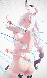  alternate_costume animal_ears ass blue_eyes blue_string blush braid breasts commentary cowboy_shot cup drink emphasis_lines fake_animal_ears fake_tail female garter_straps genshin_impact grey_background hair_over_one_eye highres holding holding_tray ker0nit0 leotard long_hair low-braided_long_hair low-tied_long_hair medium_breasts open_mouth parted_bangs playboy_bunny rabbit_ears rabbit_tail shenhe_(genshin_impact) sideboob simple_background solo spill standing strapless strapless_leotard string symbol-only_commentary tail thighhighs thong thong_leotard tray white_hair white_leotard white_thighhighs wrist_cuffs 