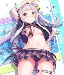  arm_over_head ass_visible_through_thighs bikini bikini_skirt blunt_bangs breasts capelet female frilled_bikini frills grey_hair grin hairband highres hololive long_hair mogmog murasaki_shion murasaki_shion_(hololive_summer_2019) navel official_alternate_costume one_side_up orange_eyes purple_bikini sidelocks small_breasts smile solo standing stomach swimsuit teeth thigh_strap thighs virtual_youtuber 