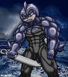  anthro black_outfit fish male marine melee_weapon muscular muscular_anthro muscular_male razor_the_shark sega shark solo sonic_the_hedgehog_(series) sword t.n. weapon yellow_eyes 