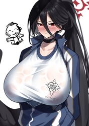  black_bra black_hair blue_archive bra breasts chibi chibi_inset choker collarbone cowboy_shot female gym_uniform hair_between_eyes halo hasumi_(blue_archive) hasumi_(track)_(blue_archive) highres imuzi jacket large_breasts long_bangs long_hair looking_at_viewer low_wings official_alternate_costume ponytail red_eyes shirt solo_focus track_jacket tying_hair underwear upper_body wet wet_clothes wet_shirt white_background wings 