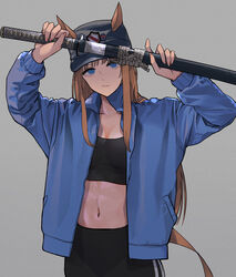  absurdres animal_ears arms_up black_pants black_shirt black_sports_bra blue_eyes blue_jacket brown_hair commentary crop_top english_commentary female grass_wonder_(umamusume) grey_background grey_headwear hands_up highres holding holding_sheath holding_sword holding_weapon horse_ears horse_girl jacket katana long_hair looking_at_viewer midriff navel open_clothes open_jacket oshiri_seijin pants sageo scabbard sheath shirt simple_background solo sports_bra stomach sword umamusume unsheathing upper_body very_long_hair weapon 