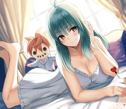  antenna_hair backlighting bare_arms bare_legs bare_shoulders barefoot bed_sheet blush breasts brown_eyes button_eyes buttons camisole character_doll chemise cleavage closed_mouth collarbone collared_shirt commentary curtains doll eyelashes feet_up female frilled_camisole frilled_chemise frills green_hair hand_up highres holding holding_pen indoors light_particles long_hair long_sleeves looking_at_viewer lying nicky_w notebook on_bed on_stomach pen pillow red_hair run_elsie_jewelria shirt short_hair sidelocks sleeveless smile solo the_pose to_love-ru white_camisole window wing_collar yuuki_rito 