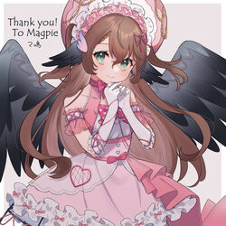  animal_ears bare_shoulders bird_ears black_wings blush bonnet bow bowtie brown_hair closed_mouth commission cowboy_shot dress elbow_gloves female gloves green_eyes grey_background indie_virtual_youtuber looking_at_viewer magpie_(vtuber) pink_bow pink_bowtie pink_dress second-party_source skeb_commission smile solo spread_wings thank_you tooru_(jux) virtual_youtuber white_gloves wings 