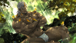  1boy abs animal animal_on_shoulder bad_source bara bidziil_(gyee) bird bird_on_shoulder blonde_hair chest_tattoo crossed_arms dark-skinned_male dark_skin facial_hair feather_necklace fundoshi goatee gyee highres japanese_clothes jewelry large_pectorals male_focus male_underwear multicolored_hair muscular muscular_male navel necklace nikism nipples official_art official_wallpaper one_eye_closed partially_submerged pectorals short_hair sideburns sitting solo spiked_hair stomach streaked_hair tattoo thick_thighs thighs tied_hair topless_male underwear underwear_only very_dark_skin wet white_hair white_male_underwear 