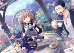  1boy :o animal_ears arch black_hair blue_sky brown_hair cake closed_eyes cloud commentary_request cup day debidebi_debiru drinking eli_conifer eli_conifer_(1st_costume) female floral_arch flower food hair_ornament haniwa_kyoya highres holding holding_cup jewelry necklace nijisanji outdoors plate shirt sitting sky table teacup tiered_tray virtual_youtuber white_shirt yashiro_kizuku yashiro_kizuku_(2nd_costume) 