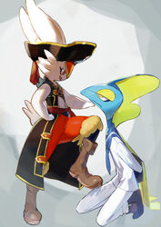  2boys arms_behind_back black_hat blue_neckerchief blue_sailor_collar body_fur boots brown_footwear cinderace cinderace_(captain) closed_mouth clothed_pokemon commentary_request from_side furry furry_male hat highres inteleon long_sleeves looking_at_another looking_down looking_up male_focus multiple_boys neckerchief open_mouth pants pirate pirate_costume pirate_hat pokemon pokemon_(creature) pokemon_unite rabbit_boy red_eyes red_fur reptile_boy sailor sailor_collar shirt smile user_vhru4478 white_background white_fur white_pants white_shirt yaoi yellow_eyes yellow_fur 