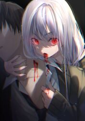  1boy bad_id bad_pixiv_id biting black_background black_hair black_jacket black_necktie black_sweater blazer blood blood_from_mouth braid collarbone collared_shirt commentary_request fangs female glowing glowing_eyes grey_hair hair_over_shoulder jacket long_hair long_sleeves low_twintails neck_biting necktie original ouri_(aya_pine) parted_lips red_eyes school_uniform shirt simple_background sleeves_past_wrists sweater twin_braids twintails v-shaped_eyebrows vampire white_shirt 