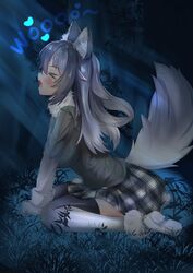  &gt;_&lt; absurdres animal_ears black_hair black_legwear blush breasts closed_eyes female forest fur_collar gloves grey_wolf_(kemono_friends) heterochromia highres kemono_friends large_breasts long_hair multicolored_hair nature night oerba_yun_fang outdoors plaid_neckwear sitting solo tail two-tone_hair two-tone_legwear white_gloves white_hair white_legwear wolf_ears wolf_girl wolf_tail yeo_arin 