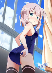  adjusting_clothes adjusting_swimsuit ass black_thighhighs blue_one-piece_swimsuit blue_sky blush boku_to_kanojo_no_onani_life breasts brown_hair circle_name closed_mouth cloud cloudy_sky commentary_request cowboy_shot day female from_behind frown green_eyes hair_ornament hairclip inakami indoors looking_at_viewer looking_back naomi_(boku_to_kanojo_no_onani_life) one-piece_swimsuit one_side_up school_swimsuit second-party_source short_hair single_horizontal_stripe sky small_breasts solo standing swimsuit thighhighs wind window 