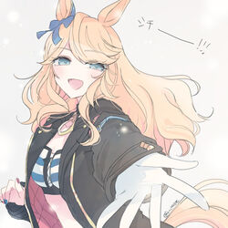  animal_ears bandeau black_jacket blonde_hair blush bow breasts ear_bow female gold_city_(umamusume) green_eyes horse_ears horse_girl horse_tail inutose jacket long_hair looking_at_viewer multicolored_nails open_clothes open_jacket open_mouth outstretched_arm reaching reaching_towards_viewer small_breasts smile solo tail twitter_username umamusume upper_body 