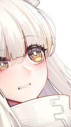  arknights bad_id bad_pixiv_id binggong_asylum blush clenched_teeth commentary_request female high_collar highres long_hair platinum_(arknights) portrait simple_background solo teeth uneven_eyes white_background white_hair yellow_eyes 