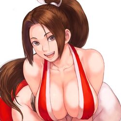  :d bare_shoulders breasts brown_eyes brown_hair cleavage collarbone commentary_request covered_nipples fatal_fury female japanese_clothes large_breasts leaning_forward looking_at_viewer no_bra open_mouth parted_bangs ponytail revealing_clothes shiny_skin shiranui_mai shu-mai simple_background sleeveless smile solo the_king_of_fighters thick_thighs thighs white_background wide_hips 