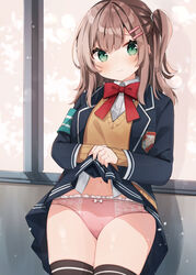  armband black_thighhighs blazer blue_jacket blue_skirt boku_to_kanojo_no_onani_life bow bow_panties bowtie brown_hair brown_sweater closed_mouth clothes_lift commentary_request double_horizontal_stripe dress_shirt emblem female frilled_panties frills frown green_eyes hair_ornament hair_tie hairclip heripiro indoors jacket lifting_own_clothes long_sleeves looking_at_viewer medium_hair miniskirt naomi_(boku_to_kanojo_no_onani_life) navel one_side_up panties pink_panties pleated_skirt red_bow red_bowtie school_uniform second-party_source shirt single_horizontal_stripe skirt skirt_lift solo standing sweater thighhighs underwear v-neck white_shirt window wing_collar 