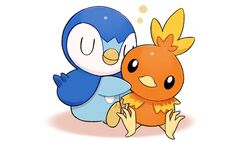  black_eyes closed_eyes closed_mouth commentary_request head_tilt hug looking_at_viewer no_humans official_art piplup pokemon pokemon_(creature) project_pochama sitting toes torchic white_background 