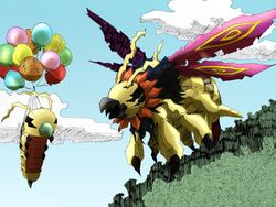  4:3 antennae_(anatomy) arthropod attached_to_balloon balloon balloon_support bandai_namco beak blue_beak claws digimon digimon_(species) duo eyeless feral flying flymon hanging_from_balloon inflatable inflatable_support insects kunemon segmented_body senri_(pixiv) string 