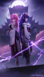  2girls back-to-back bare_shoulders black_legwear braid breasts cherry_blossoms detached_sleeves flat_chest full_moon genshin_impact hair_between_eyes hair_ornament high_heels highres holding holding_sword holding_weapon japanese_castle japanese_clothes katana kimono lightning long_hair looking_at_viewer moon multiple_girls pink_hair purple_eyes purple_hair raiden_shogun sandals sarena sash sword very_long_hair weapon yae_(genshin_impact) 