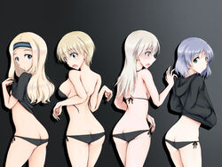  4girls :o aleksandra_i._pokryshkin bare_shoulders bikini bikini_under_clothes black_bikini black_hoodie black_shirt blonde_hair blue_eyes blue_headband blush brave_witches breasts butt_crack commentary_request eila_ilmatar_juutilainen gradient_background green_eyes grey_hair hands_in_pockets headband hood hoodie isosceles_triangle_(xyzxyzxyz) large_breasts long_hair looking_at_viewer lowleg lowleg_bikini medium_breasts medium_hair multiple_girls nikka_edvardine_katajainen open_mouth sanya_v._litvyak shirt side-tie_bikini_bottom sideboob small_breasts strike_witches swimsuit untied_swimsuit world_witches_series 