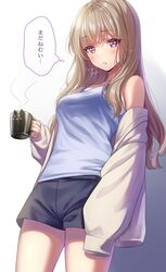  amagi_shino artist_name blush brown_hair coffee_mug commentary_request cup drooling eyelashes female gradient_background highres holding holding_cup long_hair looking_at_viewer mug original purple_eyes saliva signature sleepy solo standing translated white_background 