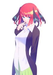  black_cardigan black_ribbon blue_eyes blunt_bangs breasts butterfly_hair_ornament cardigan female friend0426 go-toubun_no_hanayome green_skirt hair_ornament nakano_nino pink_hair ribbon shirt short_hair skirt smile two_side_up upturned_eyes white_shirt 