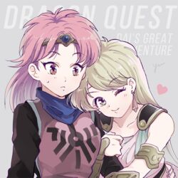  2girls arm_hug blonde_hair breasts brown_eyes cape circlet closed_mouth dragon_quest dragon_quest_dai_no_daibouken dress earrings jewelry long_hair looking_at_viewer maam medium_hair multiple_girls pink_hair princess_leona simple_background smile yui_(yui_i_dol) 