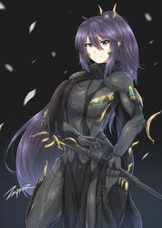  blue_eyes bodysuit commentary english_commentary excalibur_(warframe) excalibur_umbra_(warframe) female frown genderswap_(mtf) gold_trim hair_between_eyes hand_on_sheath humanization katana long_hair looking_at_viewer melee_weapon_(warframe) ponytail power_suit purple_hair rule_63 scarf signature solo sword very_long_hair warframe weapon zxpfer 