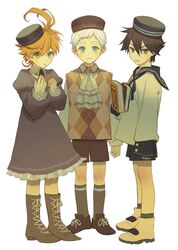  2boys :o ahoge ascot black_collar black_eyes black_hair black_headwear black_shorts blue_eyes blush book boots brooch brown_footwear brown_headwear brown_legwear brown_shorts brown_vest checkered_clothes checkered_vest closed_mouth collar collared_dress collared_shirt commentary_request dress emma_(yakusoku_no_neverland) female from_side full_body green_eyes grey_dress hair_between_eyes hat hogu_051 holding holding_book jewelry kneehighs korean_commentary long_sleeves looking_at_viewer looking_to_the_side multiple_boys norman_(yakusoku_no_neverland) open_mouth orange_hair ray_(yakusoku_no_neverland) sailor_collar shirt shoelaces shoes short_hair shorts simple_background smile socks standing thick_eyebrows vest white_ascot white_background white_hair white_shirt yakusoku_no_neverland 