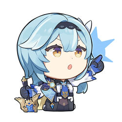  black_headwear blue_hair blue_necktie chibi eula_(genshin_impact) female genshin_impact greatsword holding holding_sword holding_weapon light_blue_hair multicolored_eyes necktie official_art open_mouth second-party_source short_hair solo song_of_broken_pines_(genshin_impact) sword vision_(genshin_impact) weapon white_sleeves wide_sleeves yellow_eyes 