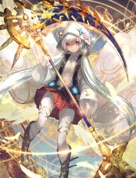  asriel_(othellonia) female grey_hair hair_ornament highres holding holding_weapon hood hooded_coat long_hair long_sleeves looking_at_viewer low_twintails navel othellonia parted_lips red_eyes red_skirt scythe shirataki_jiro skirt solo thighhighs twintails very_long_hair weapon white_thighhighs 