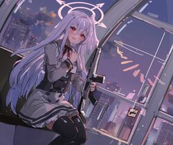  assault_rifle black_thighhighs blue_archive building city cloud commentary_request female gun hair_between_eyes halo head_wings highres holding holding_gun holding_weapon long_hair long_sleeves morning neck_ribbon open_mouth pink_halo red_eyes red_ribbon ribbon rifle sig_mcx single_head_wing sitting sky smile solo suzumi_(blue_archive) the_olphy thighhighs weapon white_hair window wings 