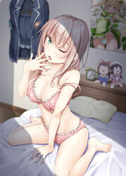  alarm_clock barefoot bed bedroom blurry blurry_background boku_to_kanojo_no_onani_life bra breasts cleavage clock commentary_request doll female frilled_bra frilled_panties frills hair_down indoors looking_at_viewer mahou_shoujo_kanae medium_breasts medium_hair miyamachi_kanae naomi_(boku_to_kanojo_no_onani_life) on_bed one_eye_closed open_mouth panties pillow pink_bra pink_panties polka_dot polka_dot_bra polka_dot_panties poster_(object) school_uniform second-party_source shake_(ferit3) sharon_(mahou_shoujo_kanae) sitting solo strap_slip underwear underwear_only wariza yawning 