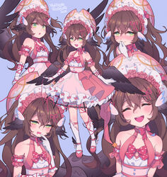  :d animal_ears armband bird_ears bird_tail bird_wings black_wings blue_background blush bonnet bow bowtie brown_hair closed_mouth commentary commission dress drooling english_commentary female gloves green_eyes head_tilt highres indie_virtual_youtuber long_hair looking_at_viewer m1stm1 magpie_(vtuber) mouth_drool multiple_views open_mouth parted_lips pink_bow pink_bowtie pink_dress second-party_source simple_background skeb_commission smile tail tears virtual_youtuber white_gloves wings 