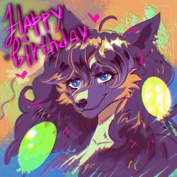  1:1 anthro balloon birthday blue_eyes brown_body brown_fur canid canine canis digital_media_(artwork) domestic_dog female fur hair hi_res inflatable leonifa mammal simple_background smile solo vivianne_(neerishia) 