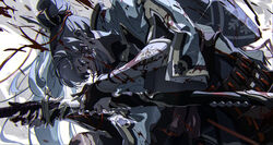  absurdres arm_guards armor bent_over blood blood_in_hair blood_on_clothes blood_on_face blood_on_hands blood_on_leg blood_splatter blue_dress blue_eyes blue_hair blue_jacket blunt_bangs bridal_gauntlets covered_mouth dress female from_side genshin_impact glint grey_background hair_ornament hair_over_mouth hair_ribbon highres holding holding_sword holding_weapon jacket japanese_armor japanese_clothes kamisato_ayaka kusazuri long_hair looking_down obi pleated_dress ponytail profile red_ribbon reverse_grip ribbon sash short_dress short_sleeves sidelocks snowflake_print solani solo squatting sword tassel torn_clothes tress_ribbon weapon 