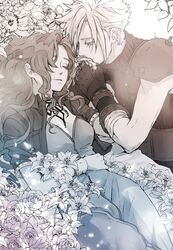  1boy aerith_gainsborough armor asymmetrical_hair bandaged_arm bandages belt bracelet breasts choker cleavage closed_eyes cloud_strife couple cropped_jacket crying curly_hair demi_co dress earrings female final_fantasy final_fantasy_vii flower_bed gloves greyscale hair_down highres holding_hands jewelry kissing kissing_hand long_dress long_hair medium_breasts monochrome parted_bangs shoulder_armor sidelocks single_earring sleeveless sleeveless_turtleneck spiked_hair straight suspenders tears turtleneck upper_body 