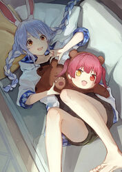  2girls absurdres aged_down animal_costume animal_ear_fluff animal_ears bare_legs barefoot bear_costume black_shorts blue_hair braid couch feet foot_out_of_frame from_above full_body hair_between_eyes heterochromia highres hololive hood hood_down hooded_jacket houshou_kumarine houshou_marine indoors jacket knees_up legs looking_at_viewer lying multiple_girls oerba_yun_fang on_back on_couch open_mouth orange_eyes pillow rabbit_ears rabbit_girl shadow short_eyebrows short_shorts shorts teeth thick_eyebrows toenails toes twin_braids twintails upper_teeth_only usada_pekora virtual_youtuber white_hair white_jacket yami_ara 