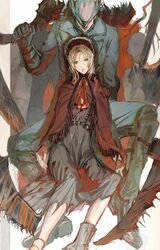  1boy ascot blonde_hair bloodborne bonnet boots cloak doll_joints dress female flower gloves guri_otoko hat highres holding holding_weapon hunter_(bloodborne) jewelry joints long_hair looking_at_viewer mask mouth_mask plain_doll rose saw saw_cleaver short_hair swept_bangs tricorne weapon white_hair 